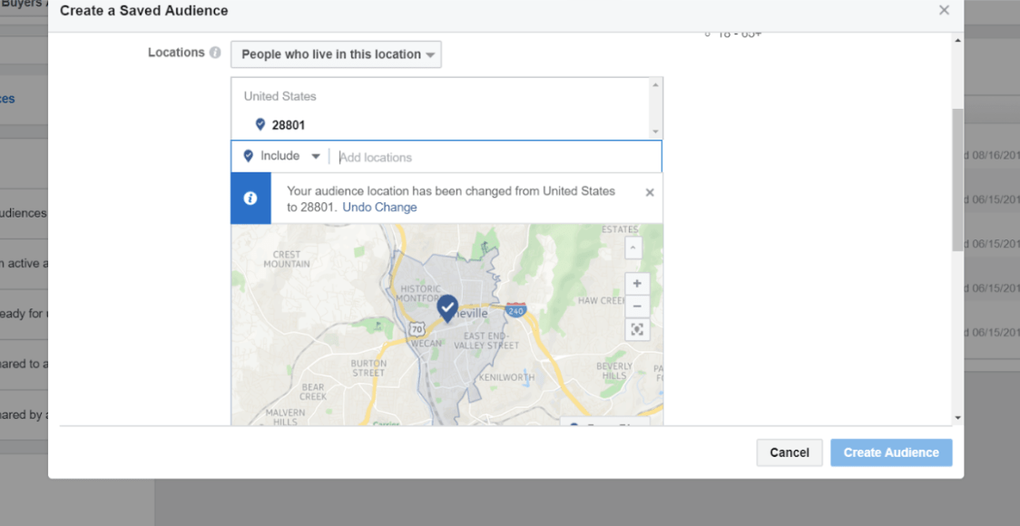 Screenshot of Facebook Ads Manager showing a saved audience location set to ZIP code 28801 in Asheville, North Carolina, highlighting targeted local advertising setup.